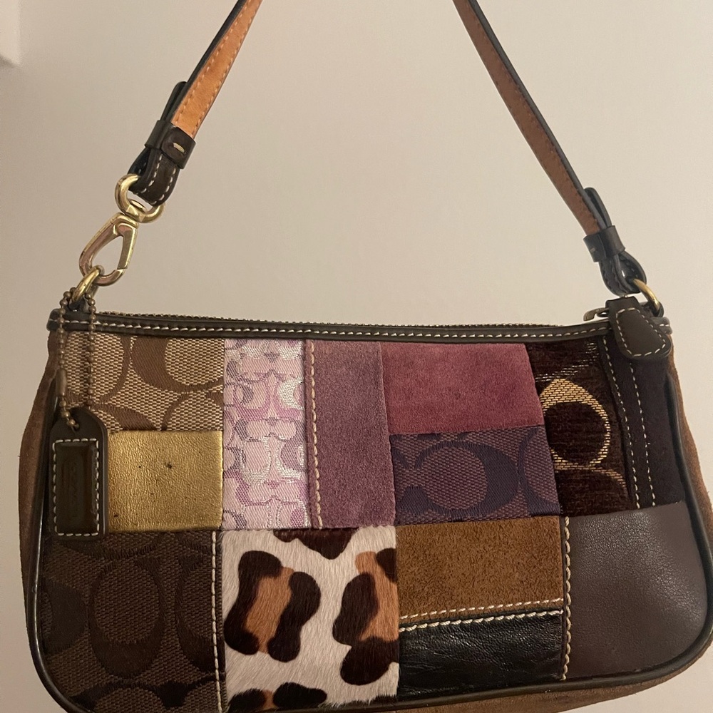 Coach Brown and Gold Shoulder Bag with Patchwork Design